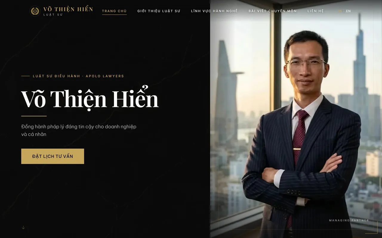 Trang chủ Hệ sinh thái web Apolo Lawyers — Bảy website luật đang chạy, khác hẳn nhau từ màu tới chữ tới cách kể, nhưng chủ hãng chỉ đăng nhập một chỗ để sửa hết.