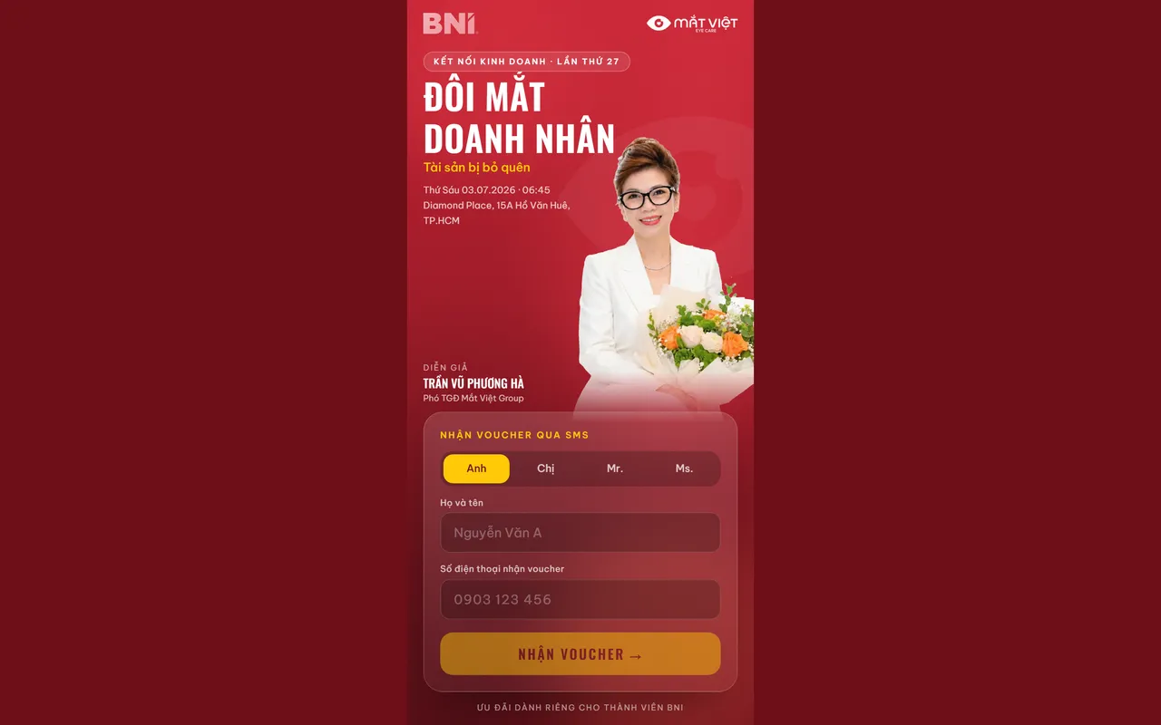 Trang chủ BNI × Mắt Việt — Trang phát voucher tại chỗ cho một buổi sự kiện: khách quét mã, điền tên và số, mã về máy trong mười giây.