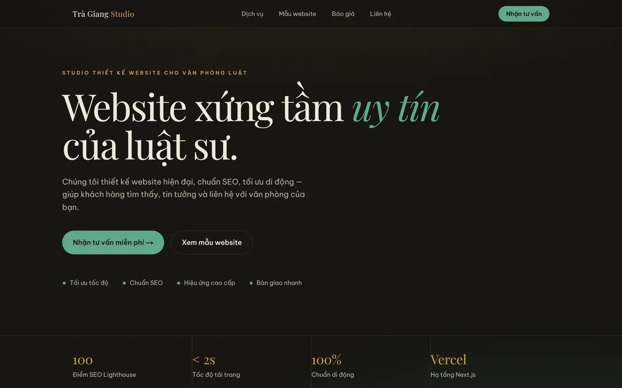 Trang chủ Trà Giang Studio — Web của một studio bán web, nên bản thân nó phải là món hàng mẫu: một trang, đọc một mạch từ đầu tới nút liên hệ.