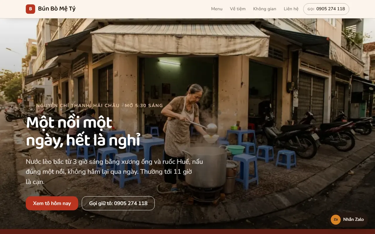 Website mẫu Bún Bò Mệ Tý do taphoaweb dựng, đang chạy thật